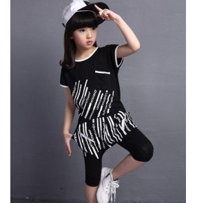 White black striped printed short sleeves harem pants girls kids children performance hip hop jazz modern dance school play costumes outfits